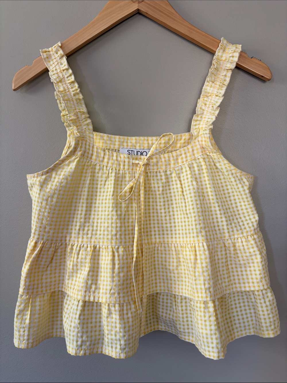 Studio‎ 19 Boho Cottagecore Gingham Tiered Tank Top Babydoll Yellow White XS Y2K